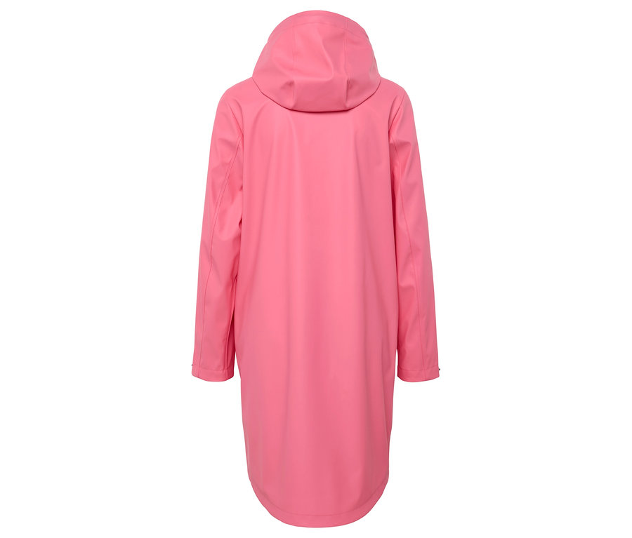 Vue arrière d'un manteau de pluie rose avec capuche.