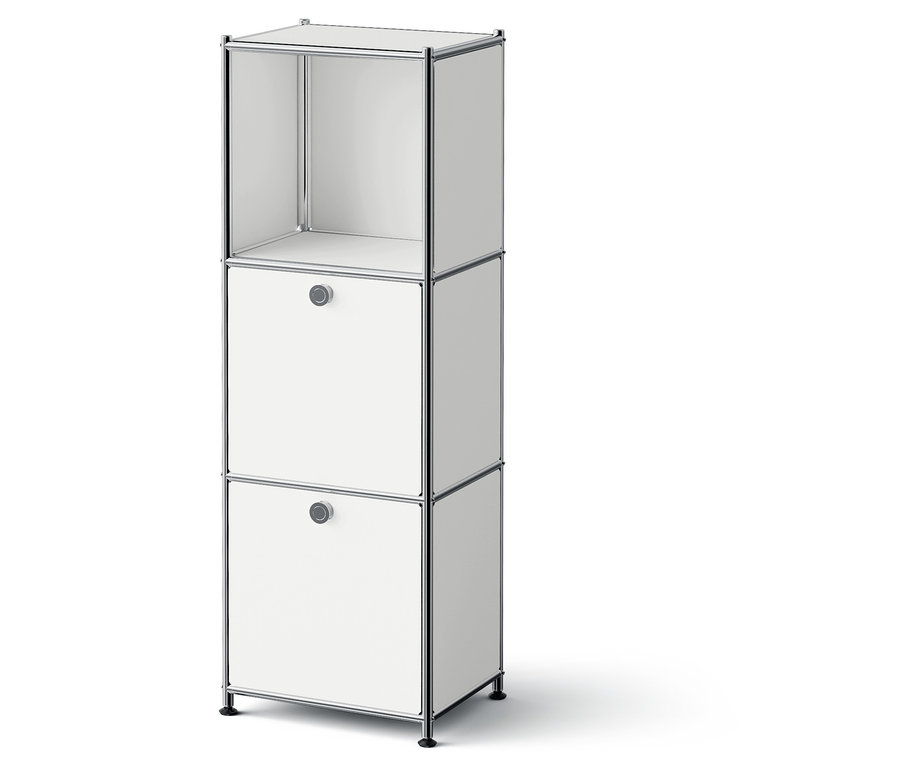 Système de rangement modulaire blanc avec deux tiroirs et un compartiment supérieur ouvert.