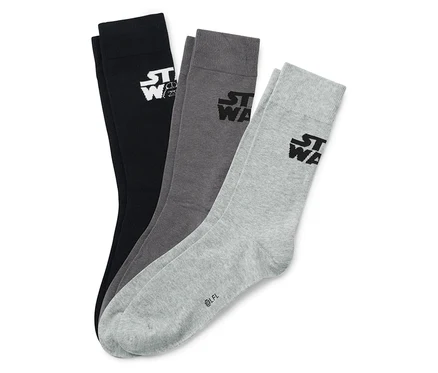 Trois paires de chaussettes Star Wars : noir, gris et gris clair.