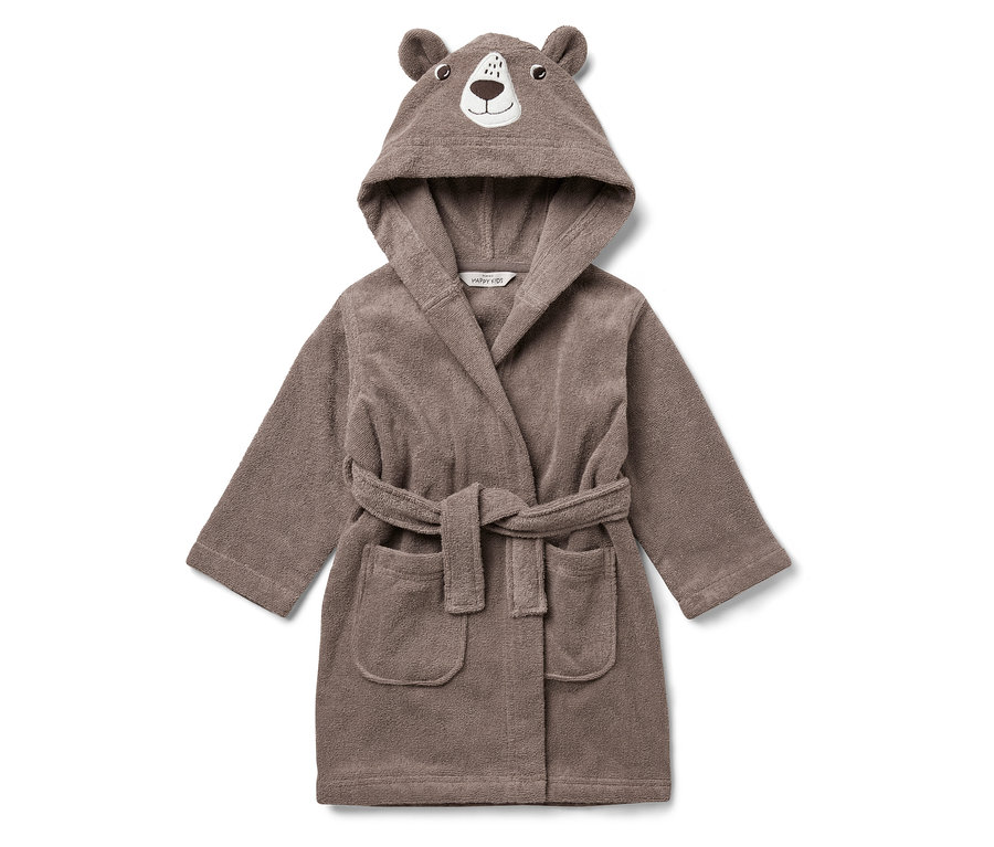 Peignoir marron avec capuche ornée d'oreilles et d'un visage d'ours.