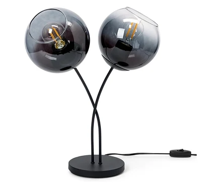 Lampe de table noire avec deux abat-jour sphériques en verre.