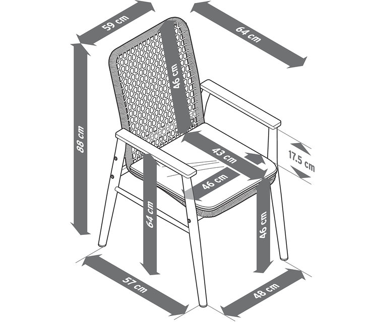 Les dimensions de la chaise de salle à manger avec accoudoirs en teck et tressage textile sont indiquées par des flèches.