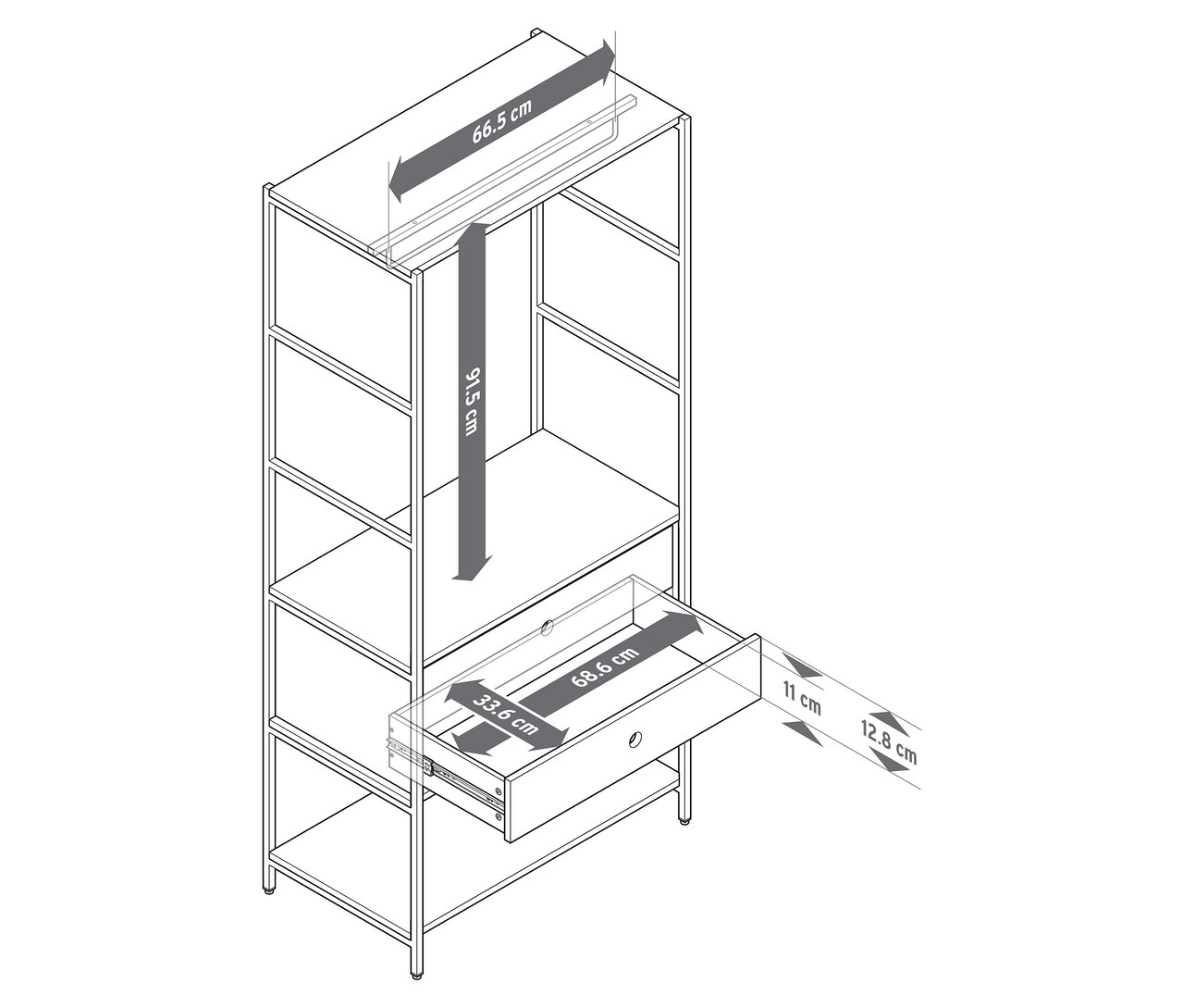 Dessin au trait de l'armoire »KLAAR« avec deux tiroirs et dimensions.