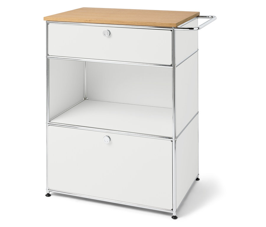 Unité de rangement blanche avec deux tiroirs et un plateau en bois.