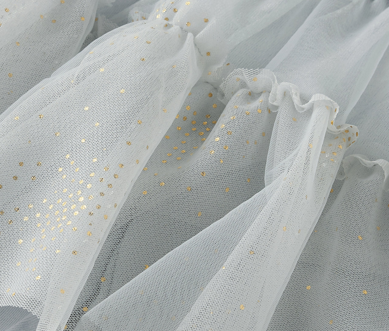 Gros plan sur un tissu en tulle bleu clair avec des points dorés et des volants.