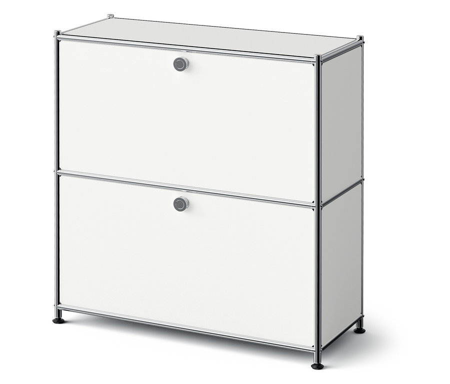 Module de rangement blanc à deux étages avec cadre chromé.