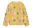 Cardigan jaune pour enfants avec des papillons colorés et des pois.