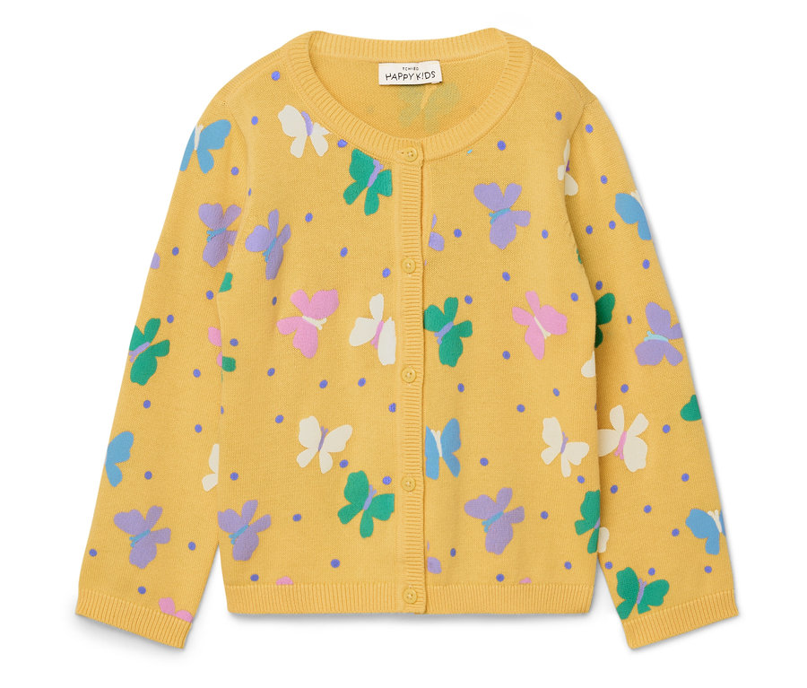 Cardigan jaune pour enfants avec des papillons colorés et des pois.