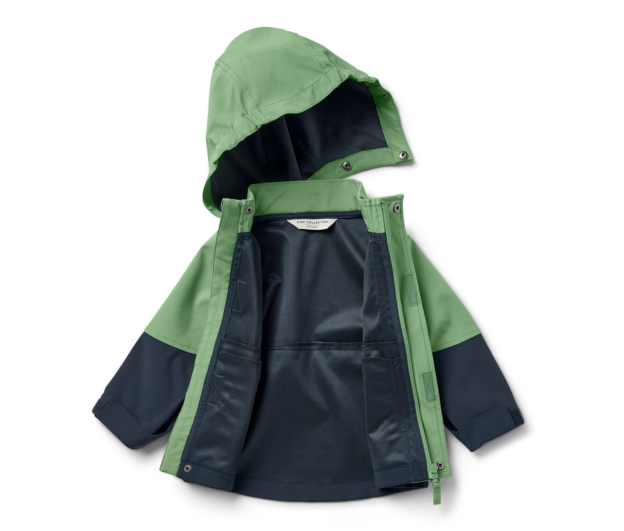 Veste en softshell ouverte pour enfant, de couleur verte et bleu marine.