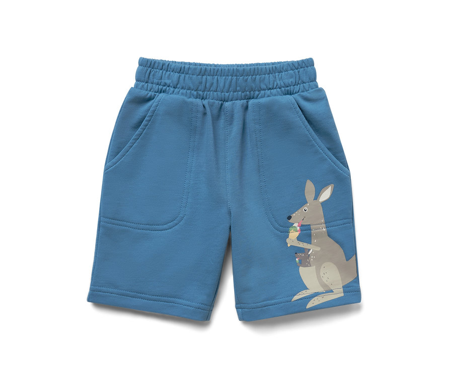 Short en sweat bleu pour enfant avec un imprimé de kangourou.