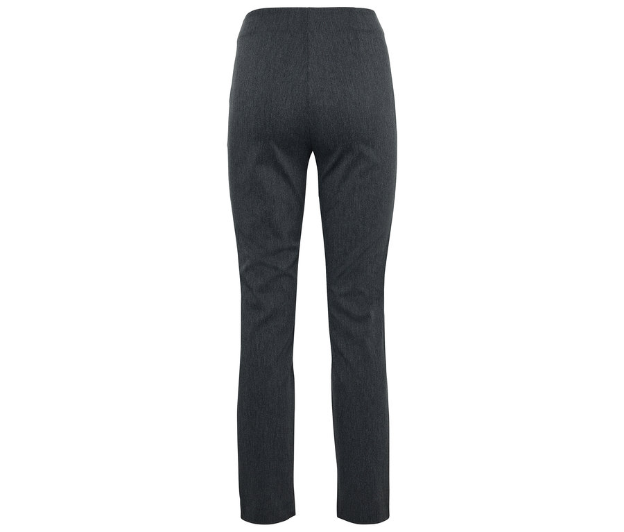 Détail de l'arrière d'un pantalon gris foncé.