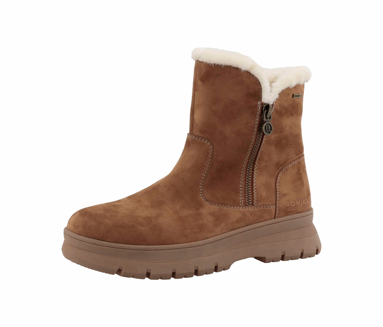 Bottines fourrées marron Romika avec fermeture éclair et semelle profilée.