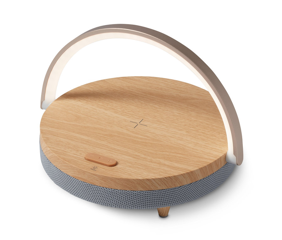 Haut-parleur Bluetooth avec chargeur sans fil et veilleuse LED.