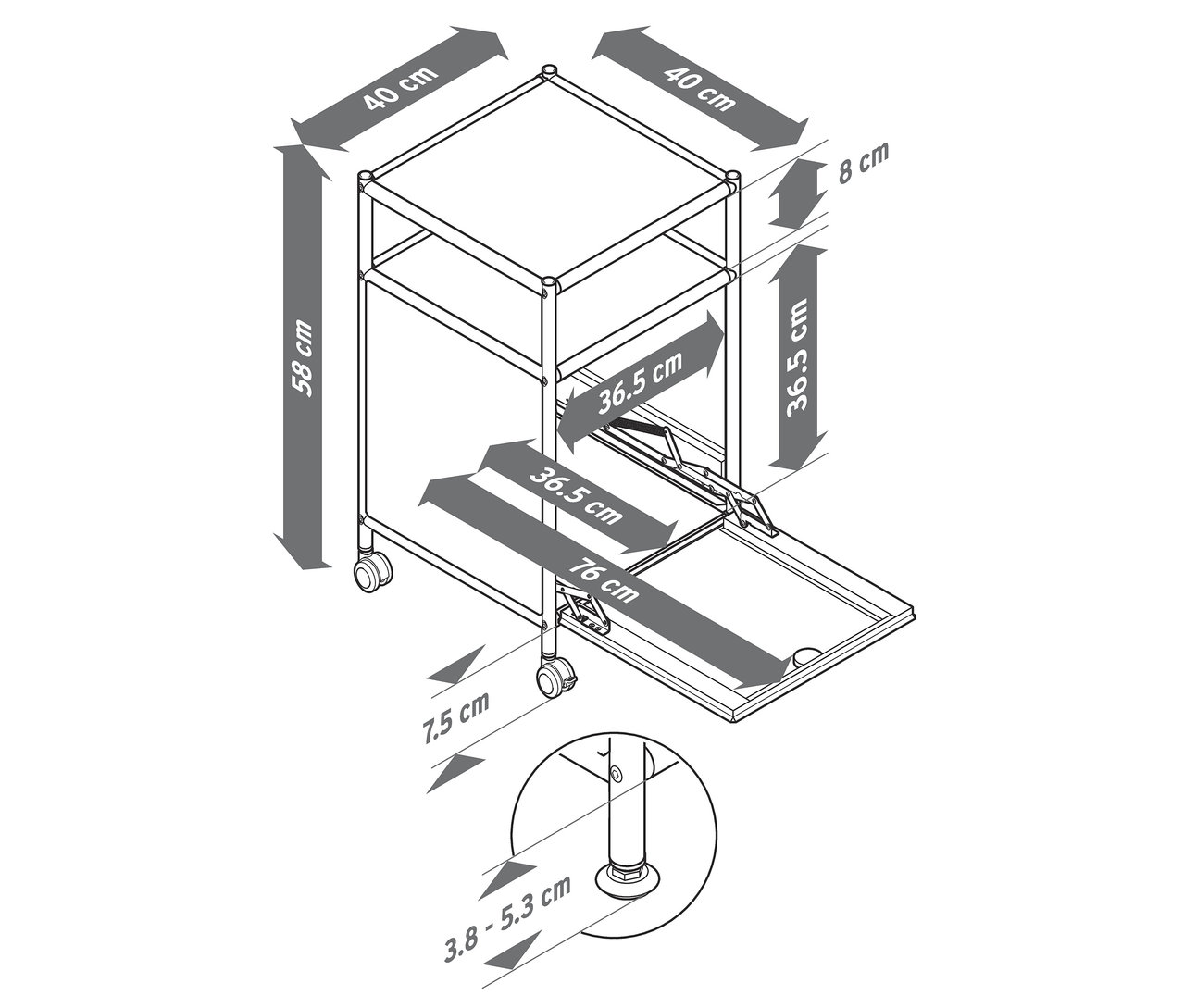 Schéma d'un caisson en métal à roulettes « CN3 » noir avec abattant et dimensions.