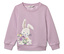 Sweat-shirt lilas avec un appliqué de lapin tenant un bouquet de fleurs.