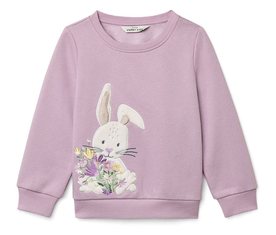 Sweat-shirt lilas avec un appliqué de lapin tenant un bouquet de fleurs.