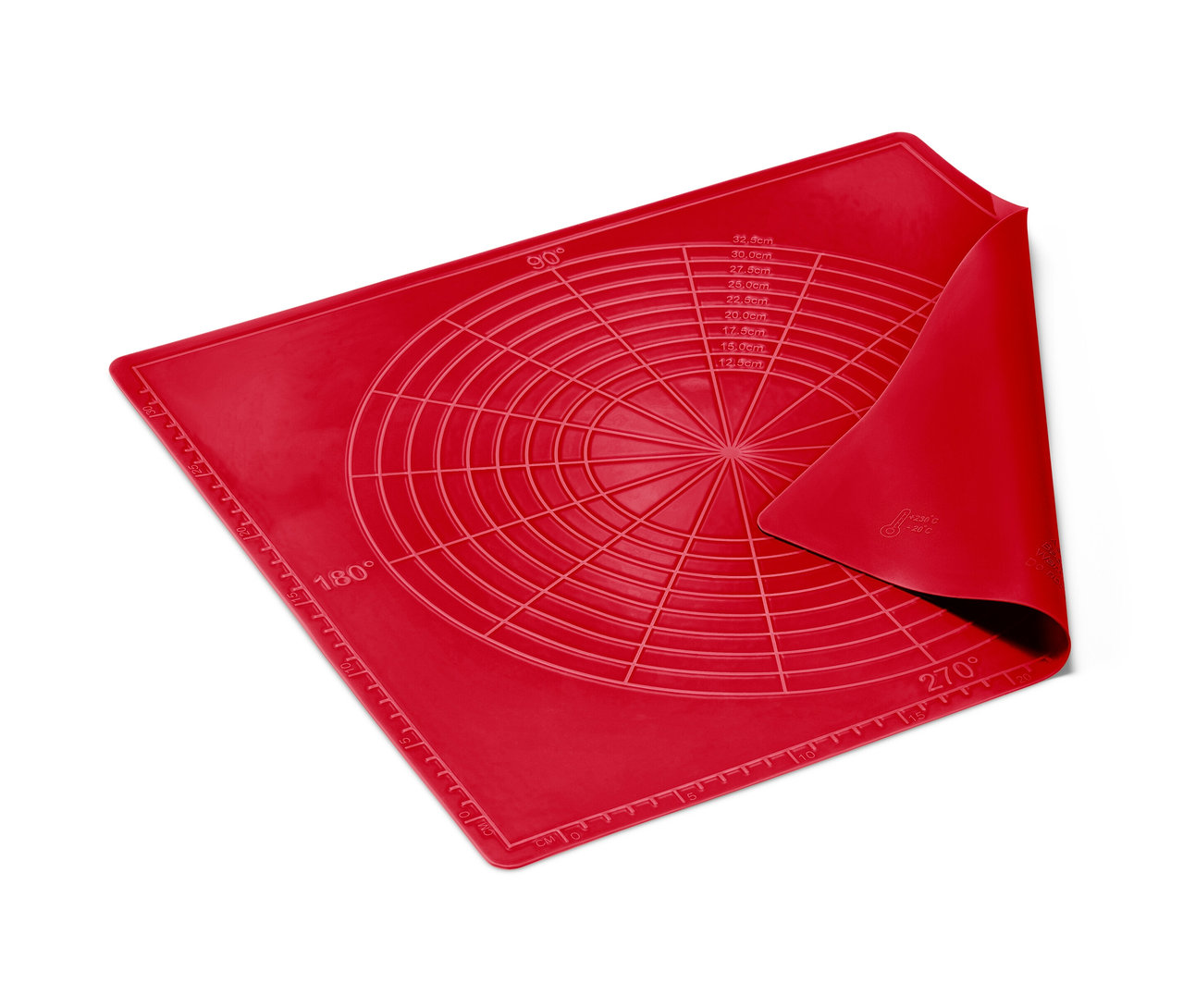 Tapis de cuisson réutilisable rouge avec motif circulaire et échelle de mesure.