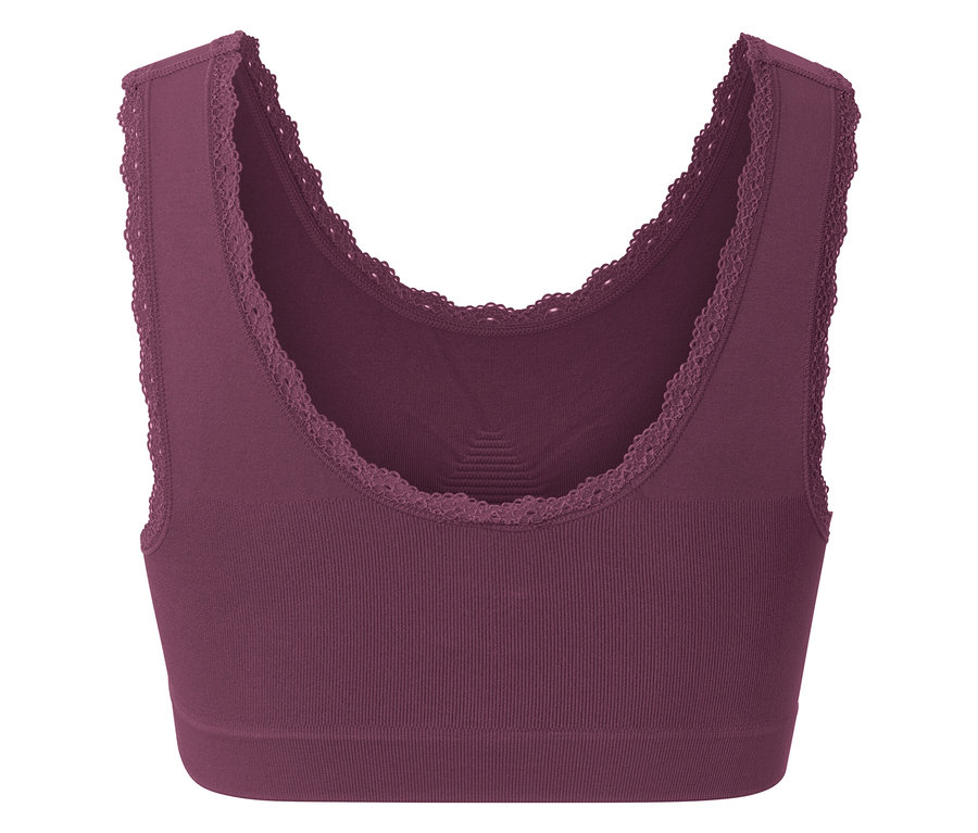 Soutien-gorge de sport prune avec bordure en dentelle.