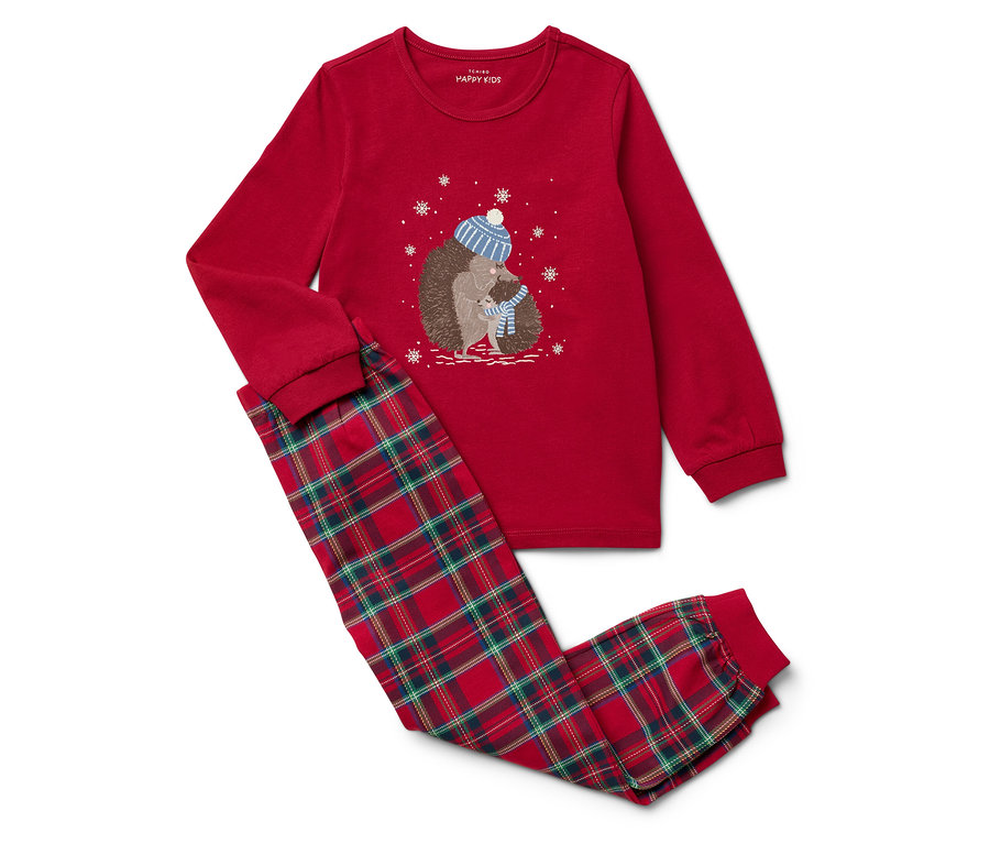Pyjama rouge à manches longues avec pantalon à carreaux. Un motif de hérissons est imprimé sur le haut.