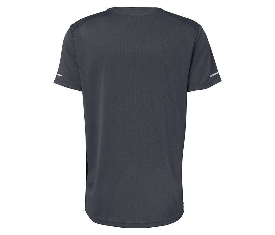T-shirt noir à manches courtes avec éléments réfléchissants sur les manches, vue arrière.