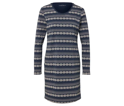 Robe en tricot bleue à manches longues avec motif géométrique blanc.