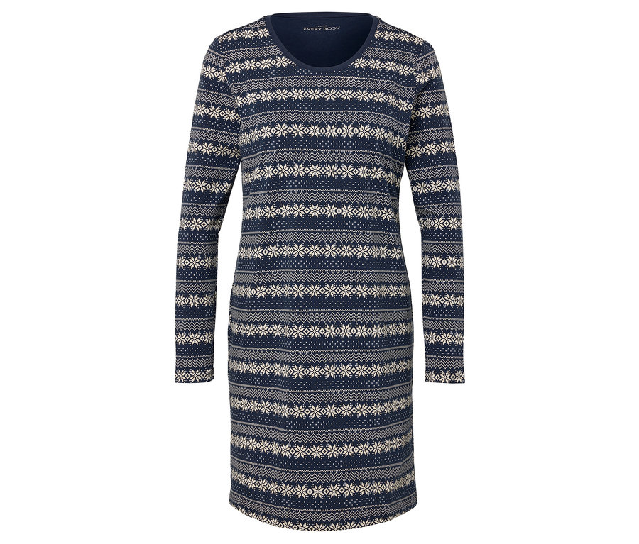 Robe en tricot bleue à manches longues avec motif géométrique blanc.