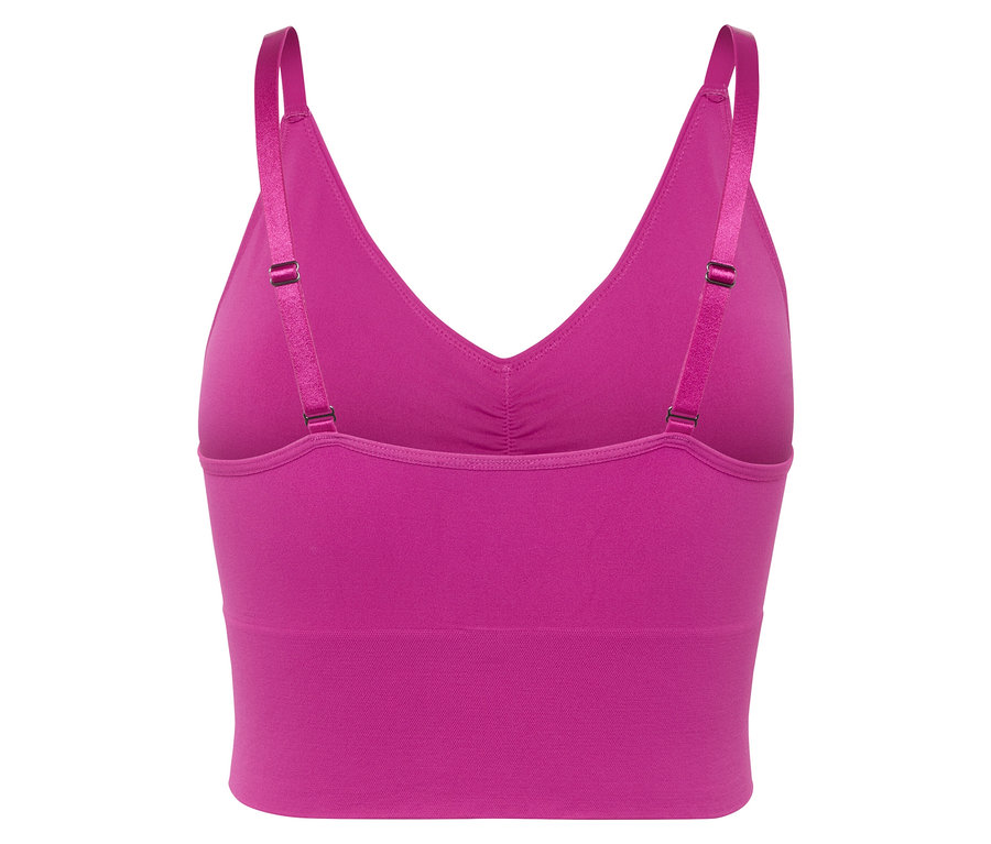 Vue arrière d'une brassière de sport violette avec des bretelles réglables.