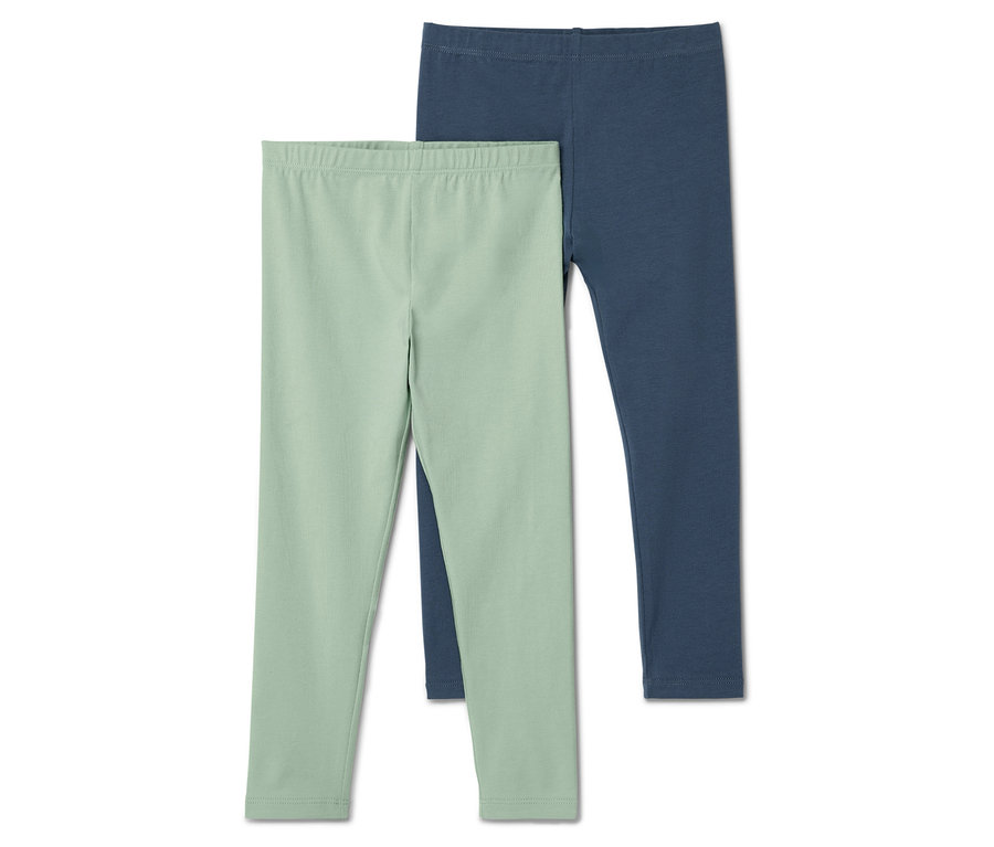 Deux leggings : un vert clair, un bleu foncé.