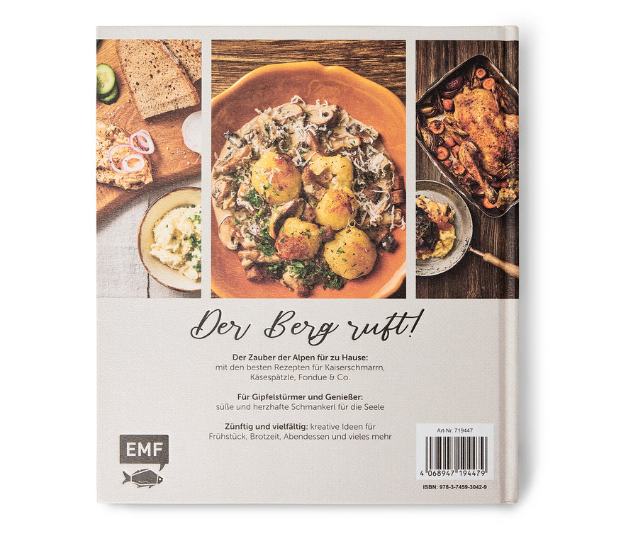 Livre de cuisine avec des photos de plats, notamment des pommes de terre à la sauce aux champignons, du pain avec des légumes et du poulet rôti.