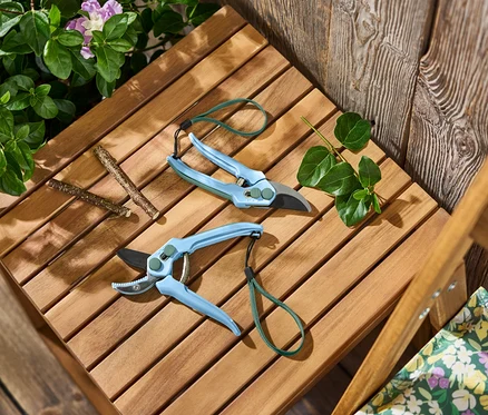Deux sécateurs bleus et des brindilles sont posés sur une table en bois.