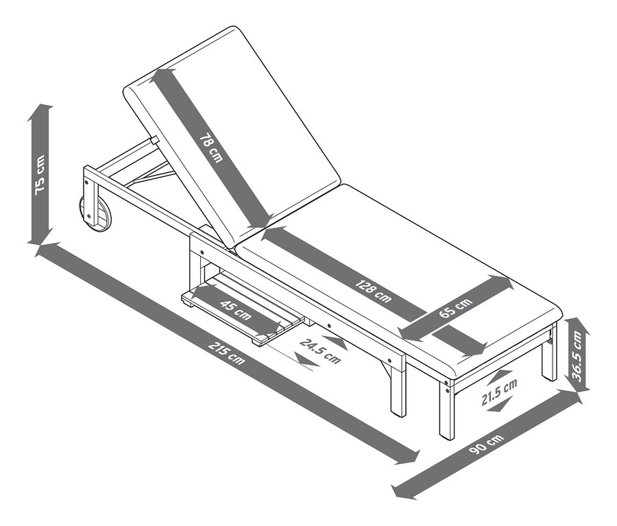 Illustration d'une chaise longue extensible « Tinus » avec matelas de qualité supérieure avec les dimensions.
