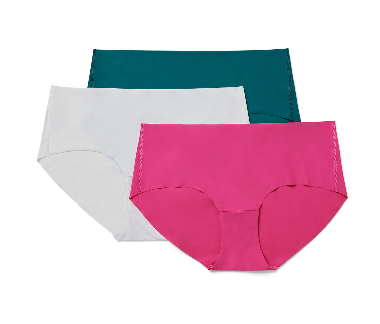 Trois culottes Magic Cut en vert, blanc et rose.