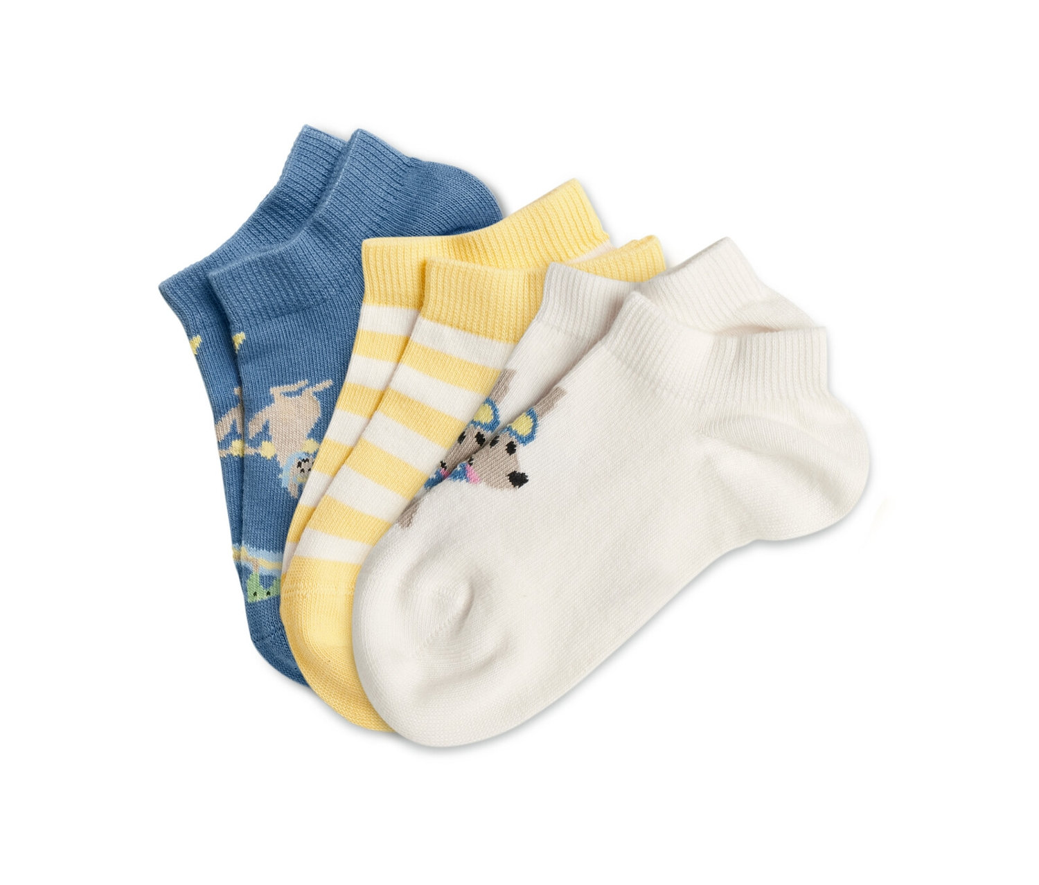 Trois paires de chaussettes de basket pour enfants avec un motif de kangourou.