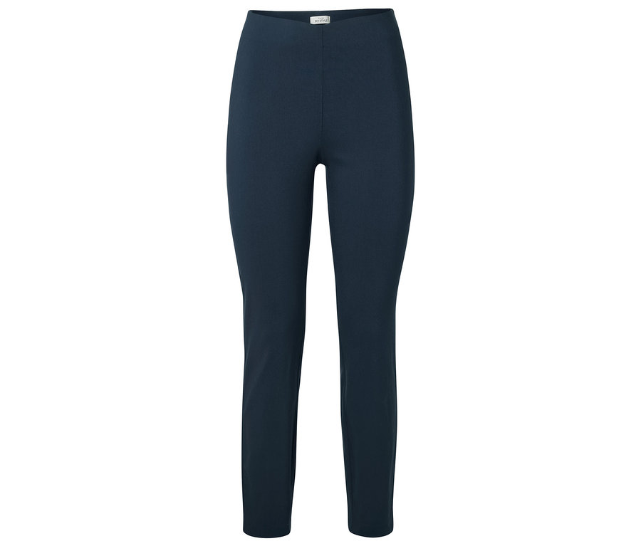 Pantalon bleu marine pour femme sur fond blanc.