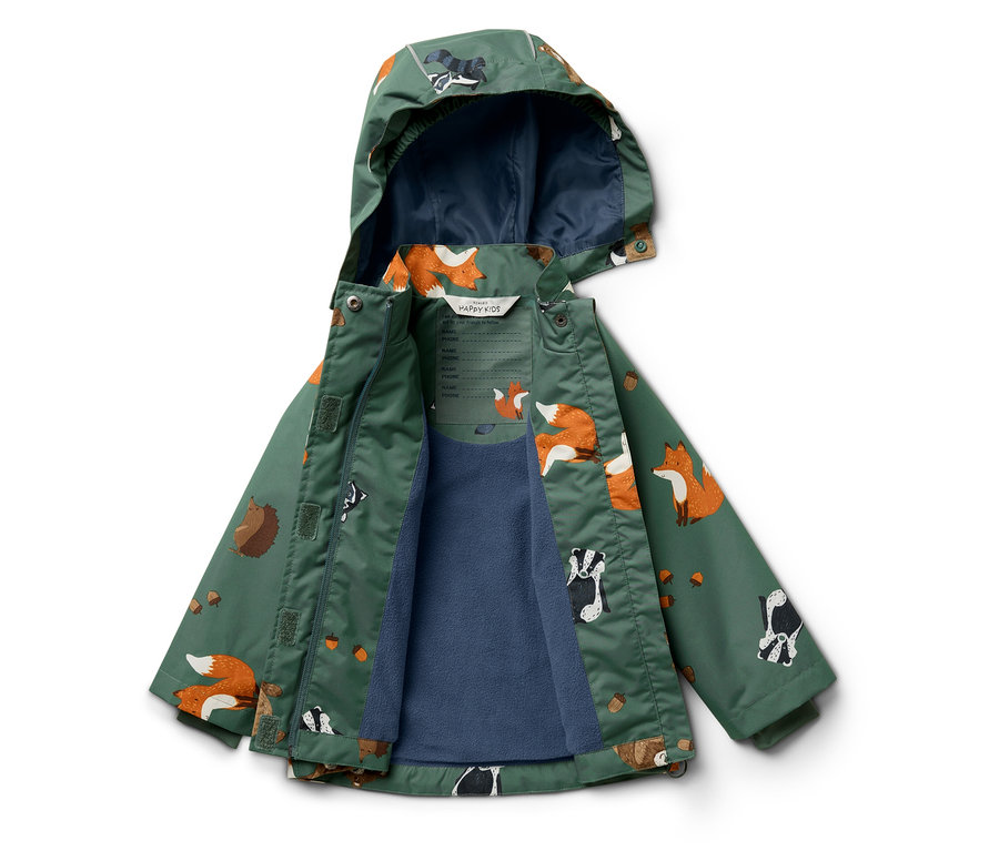 Veste à capuche verte avec imprimé renards, hérissons, écureuils et blaireaux.