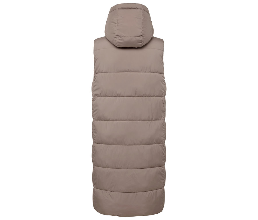 Vue arrière d'un long gilet matelassé à capuche de couleur marron.