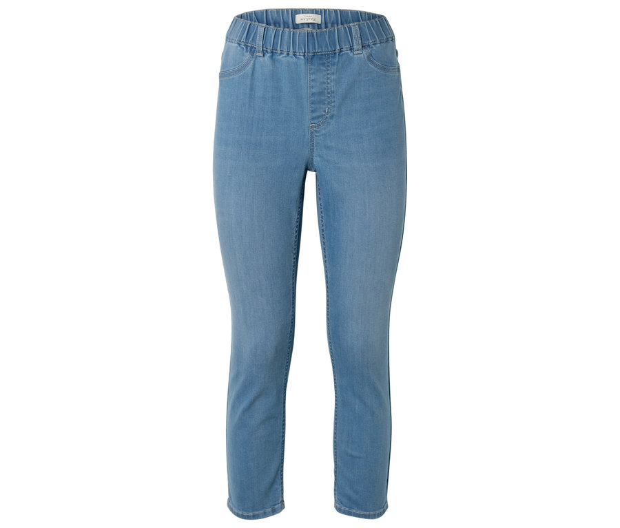 Un jean bleu clair avec cordon de serrage à la taille sur fond blanc.