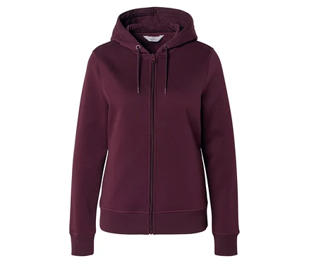 Veste à capuche bordeaux avec fermeture éclair intégrale et cordon de serrage à la capuche.