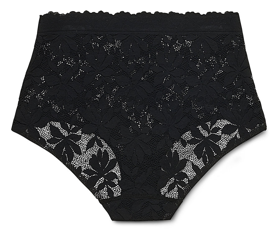 Culotte noire taille haute en dentelle florale posée sur un fond blanc.