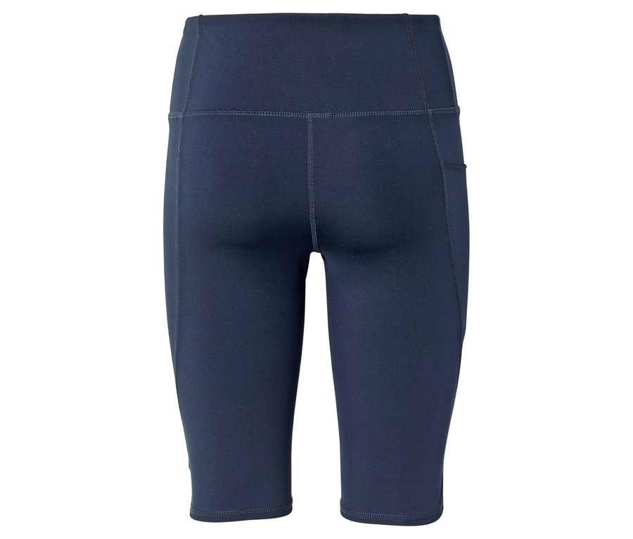 Leggings courts bleu foncé à taille haute avec poche latérale, photographiés de dos.