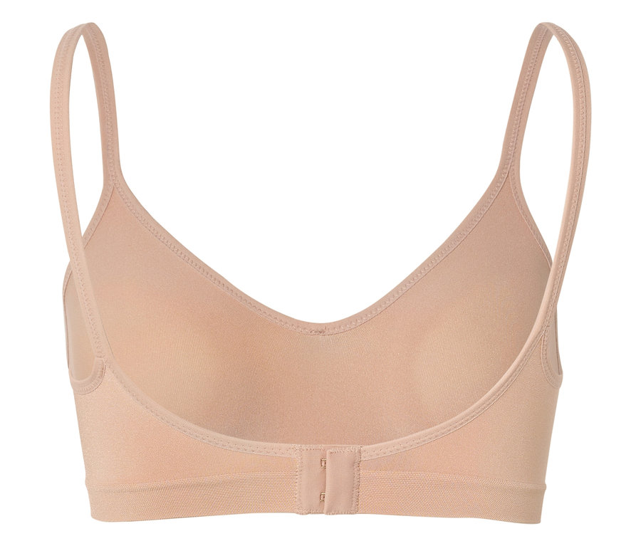 Vue arrière d'un soutien-gorge couleur chair avec de fines bretelles et une fermeture à agrafes.