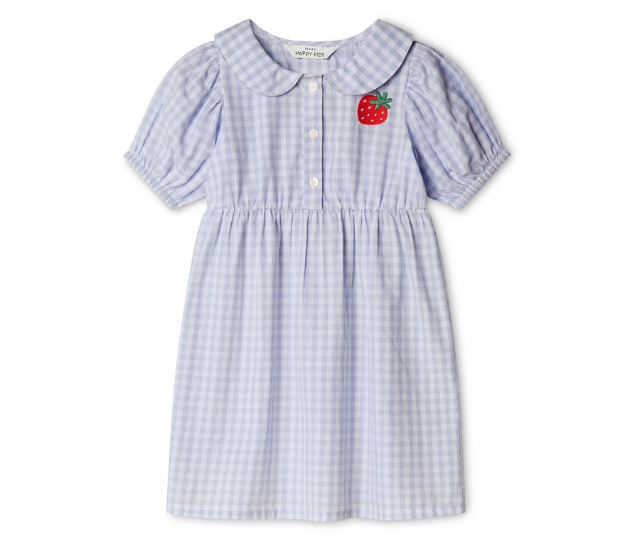 Robe enfant bleu clair à carreaux avec application fraise.