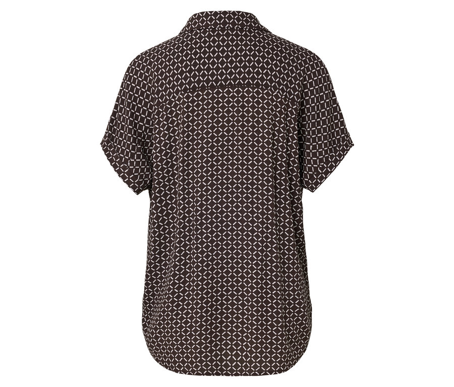 Vue arrière d'une chemise à manches courtes avec un motif géométrique marron.