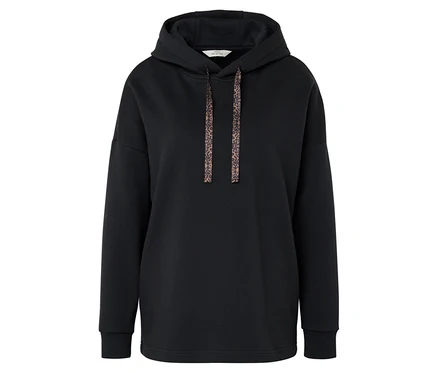 Sweat à capuche noir avec cordons à motif léopard.