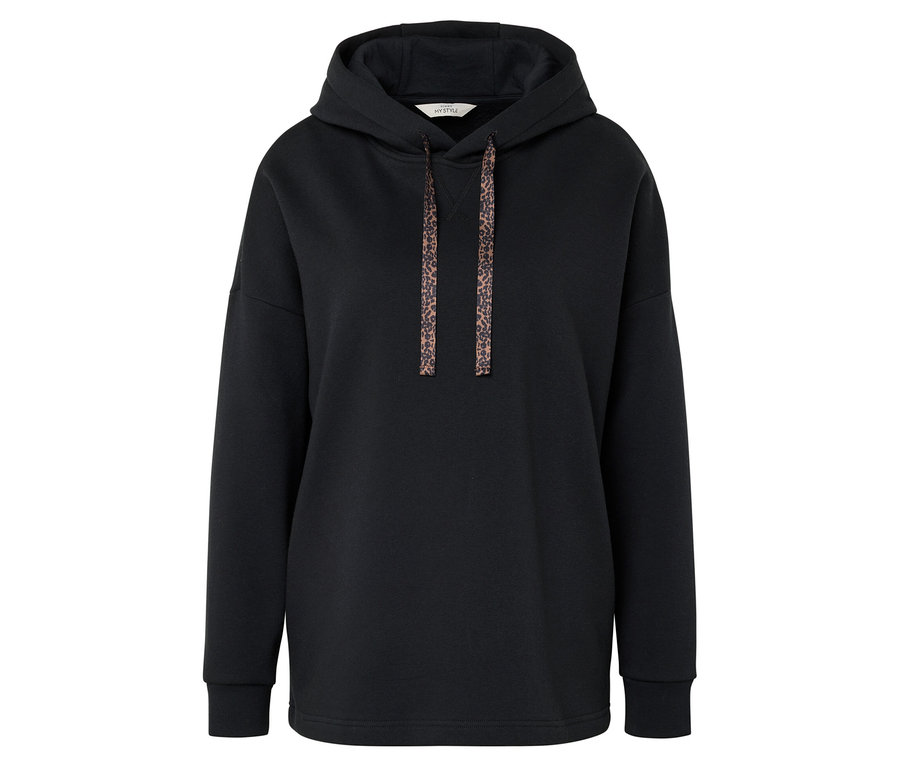 Sweat à capuche noir avec cordons à motif léopard.