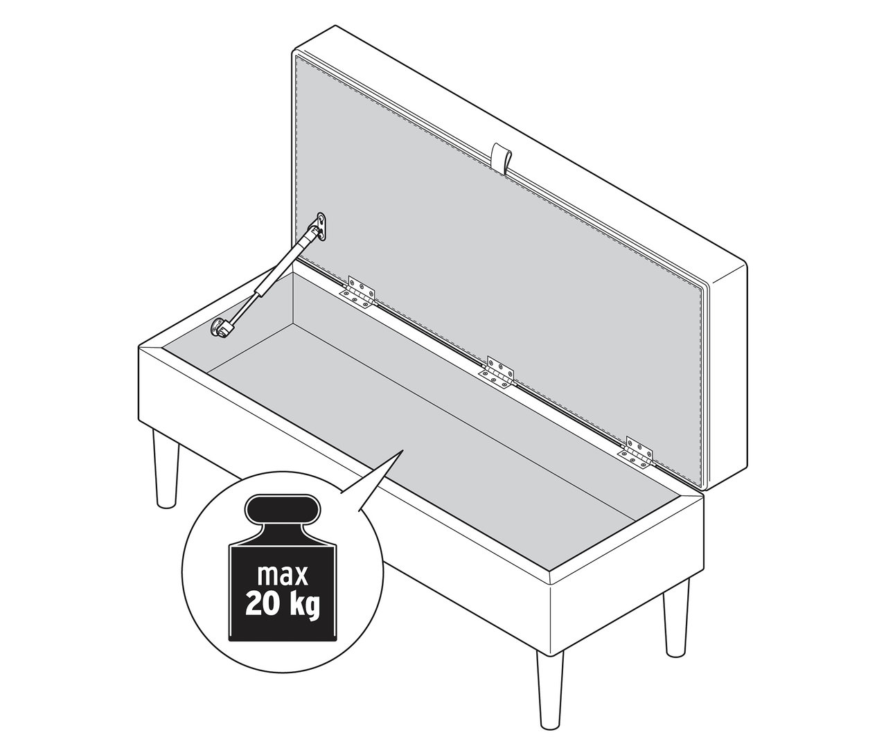 Banquette rembourrée avec rangement ouverte avec un panneau indiquant le poids maximum.