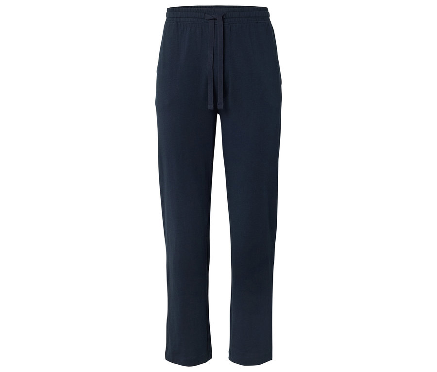 Pantalon de survêtement bleu marine avec cordon de serrage sur fond blanc.