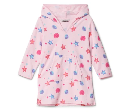 Poncho à capuche rose avec motif étoile de mer et coquillage.