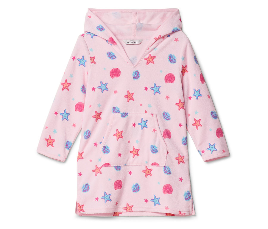 Poncho à capuche rose avec motif étoile de mer et coquillage.