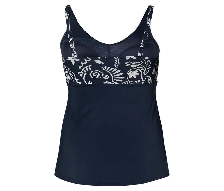 Haut de tankini bleu marine avec motif floral blanc.